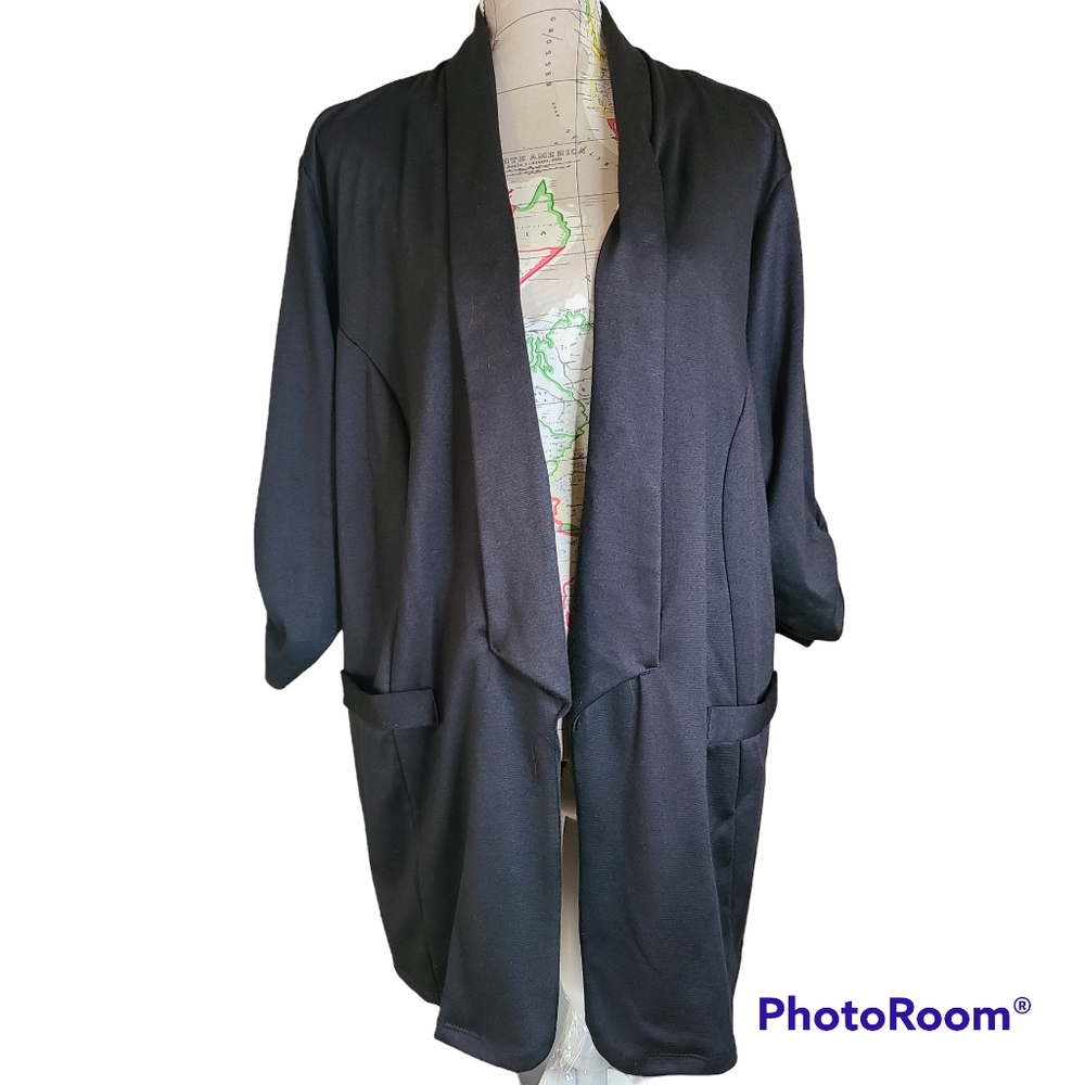 DISCREET Size 3X Black Open Front Jersey Knit Longline Blazer Ruched Sleeves